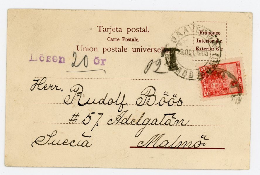 Vykort från Argentina till Malmö 1905., lösenbelagt.