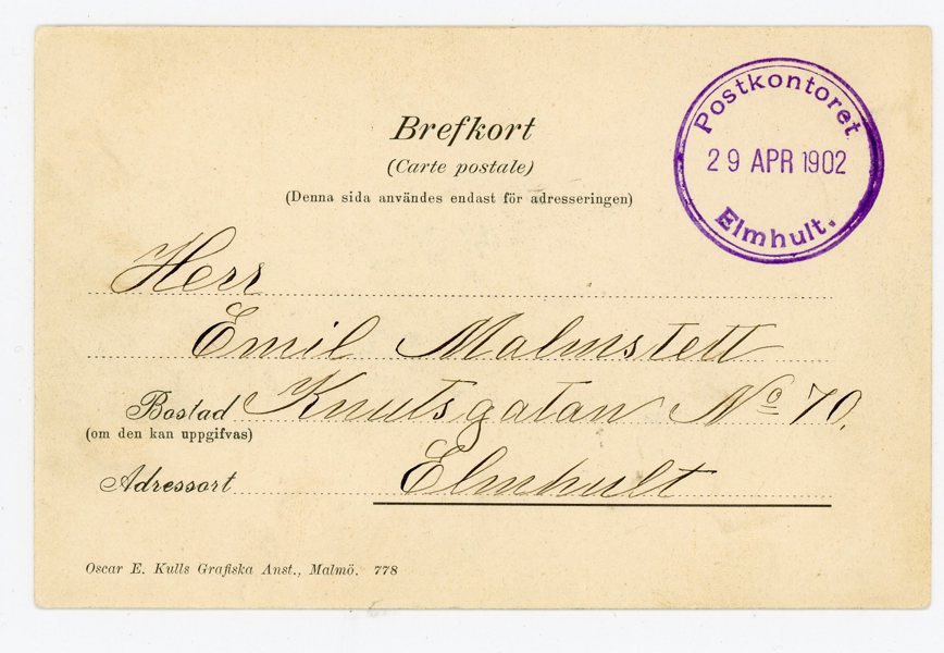 Ofrankerat vykort, Postkontoret Elmhult 29 APR 1902, lyx-objekt.