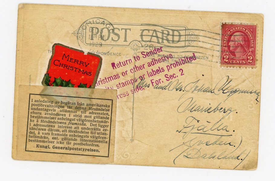 Vykort från USA med reglementsvidrigt Jul-märke 1929.