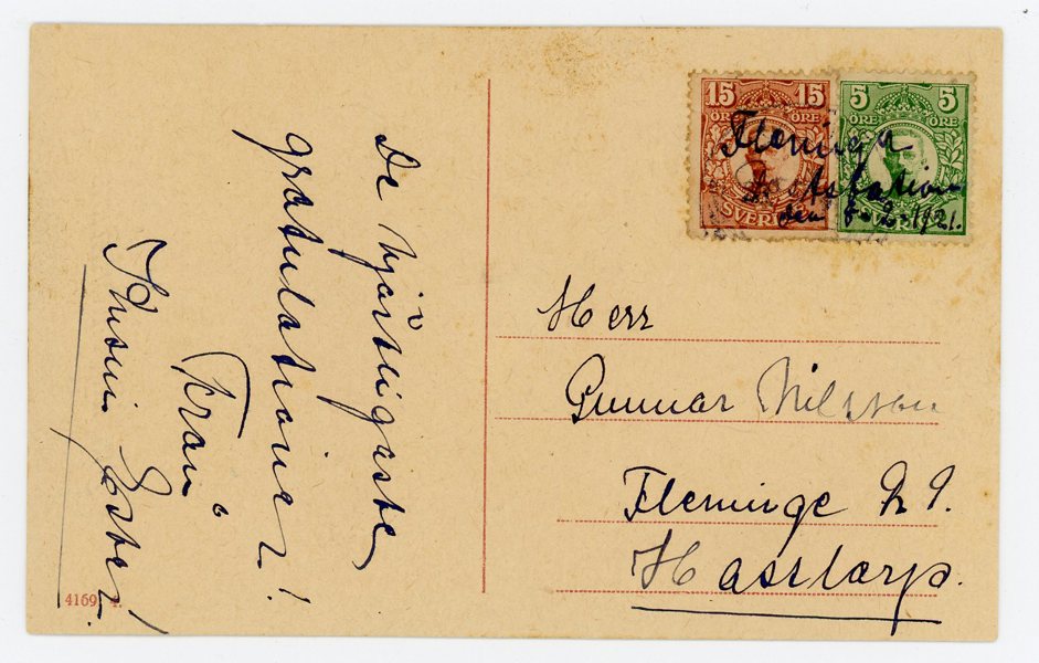 F79 och 84 på bläckmakulerat vykort "Fleninge Poststation den 5-2-1921"