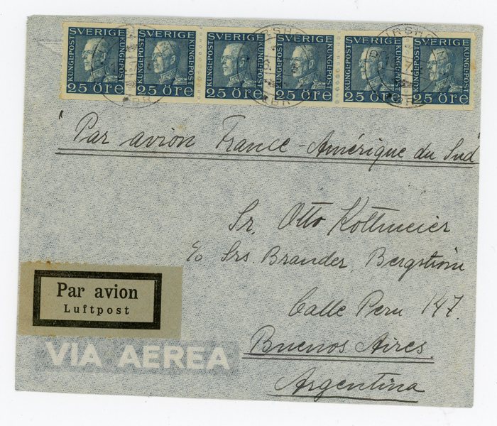 F183 Sex-strip på luftpostbrev till Argentina, Djursholm 16.7.31