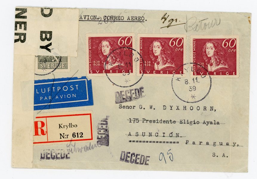 F265 (3ex), 322 Rek-censurbrev till Paraguay, Krylbo 8.11.39.