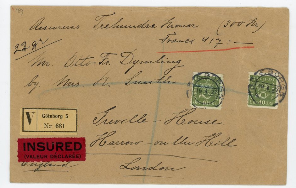 F158 (2ex) Ass-brev till England, Göteborg 19.4.27, praktobjekt.