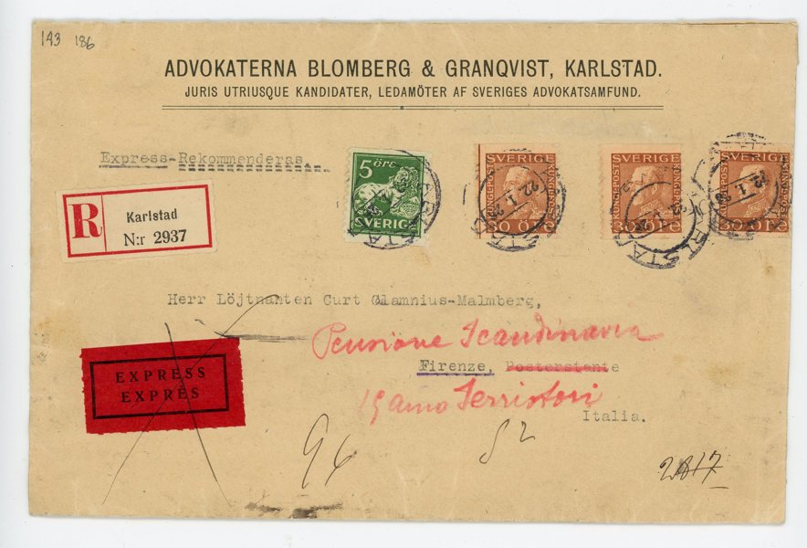 F186 (3ex), 143 Rek-Expressbrev till Italien, Karlstad 22.1.26, ankstpl.