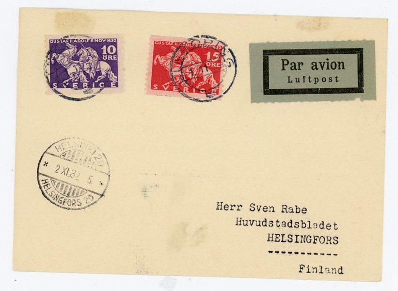 F234+235 på FDC Luftpost-kort till Finland, Linköping 1.11.32, ank.stpl