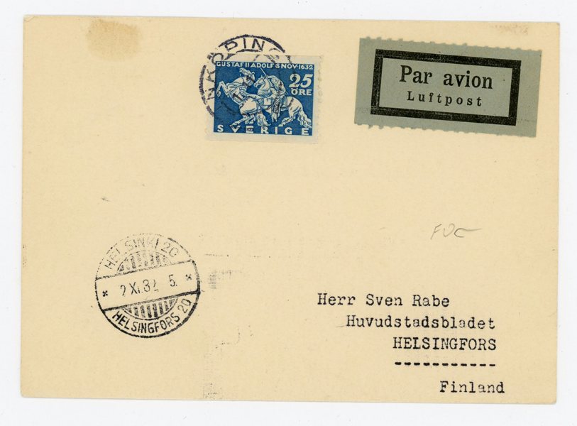 F235 på FDC-luftpostkort till Finland, Linköping 1.11.32, ankstpl.