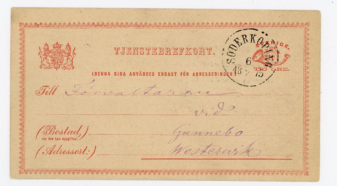Tjänste-brevkort 2, Söderköping 6.2.75, lyx-objekt.