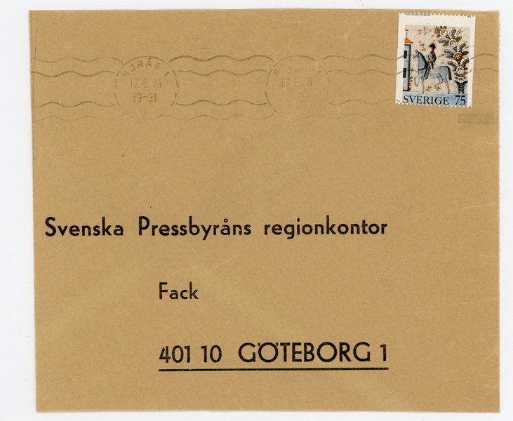 F848v FEL-PERFORERAT ex på BREV, Borås 17.6.74.