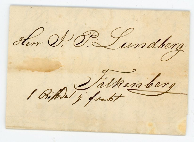 Paket-följebrev från Laholm till Falkenberg 1845.