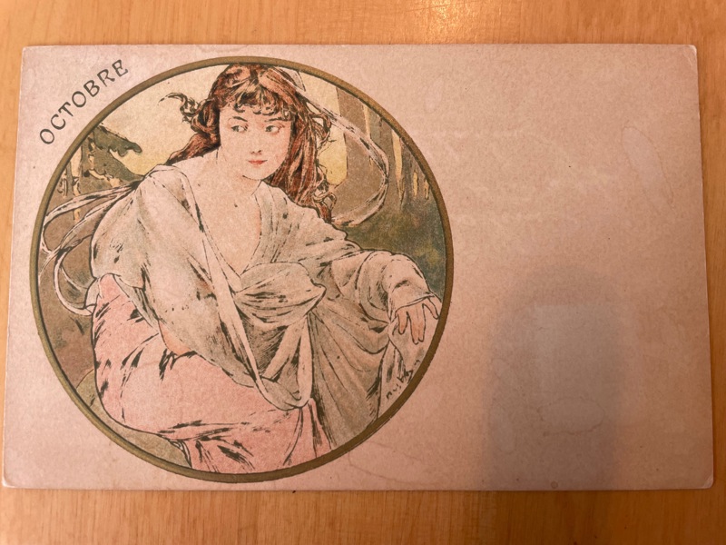 Vykort; Mucha "Octobre", ofrankerat.