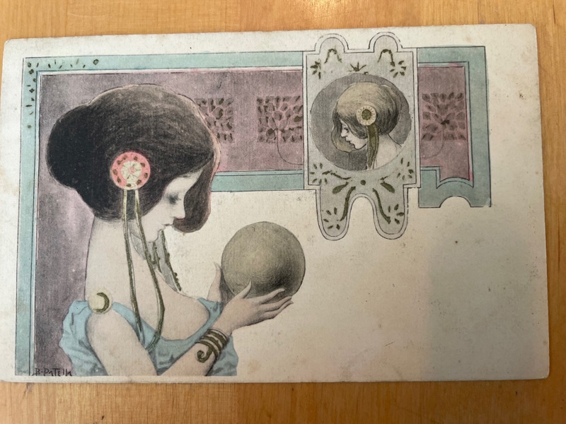 Vykort; Jugend-damer, sign Patella, frank. 1909