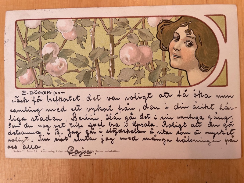 Vykort; Jugend-dam, sign E Döcker, frank. 1902